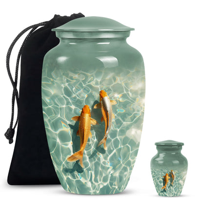 Gold Fish Theme Large Urn With 1 Keepsake Urn
