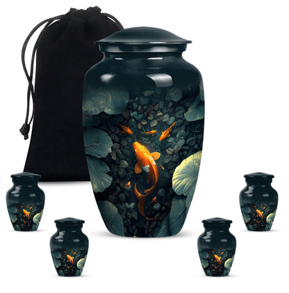 Gold Fish Theme Large Urn With 4 Keepsake Urn