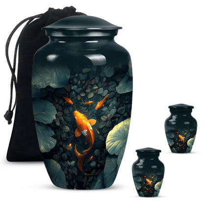Gold Fish Theme Large Urn With 2 Keepsake Urn