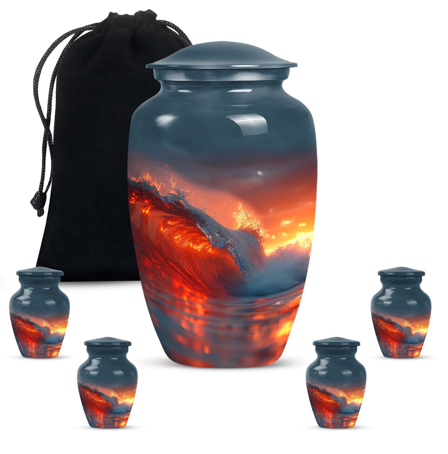 Ocean Waves Theme Large Urn With 4 Keepsake Urn