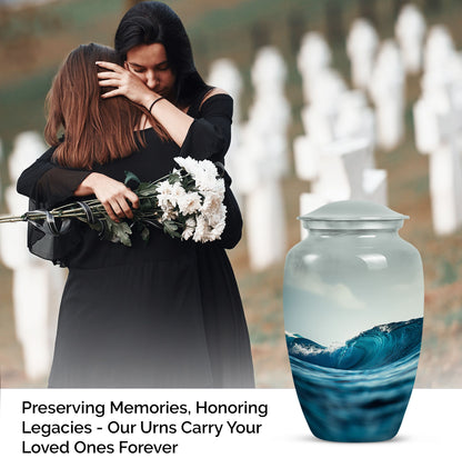 10-inch large ocean waves urn with butterfly theme.