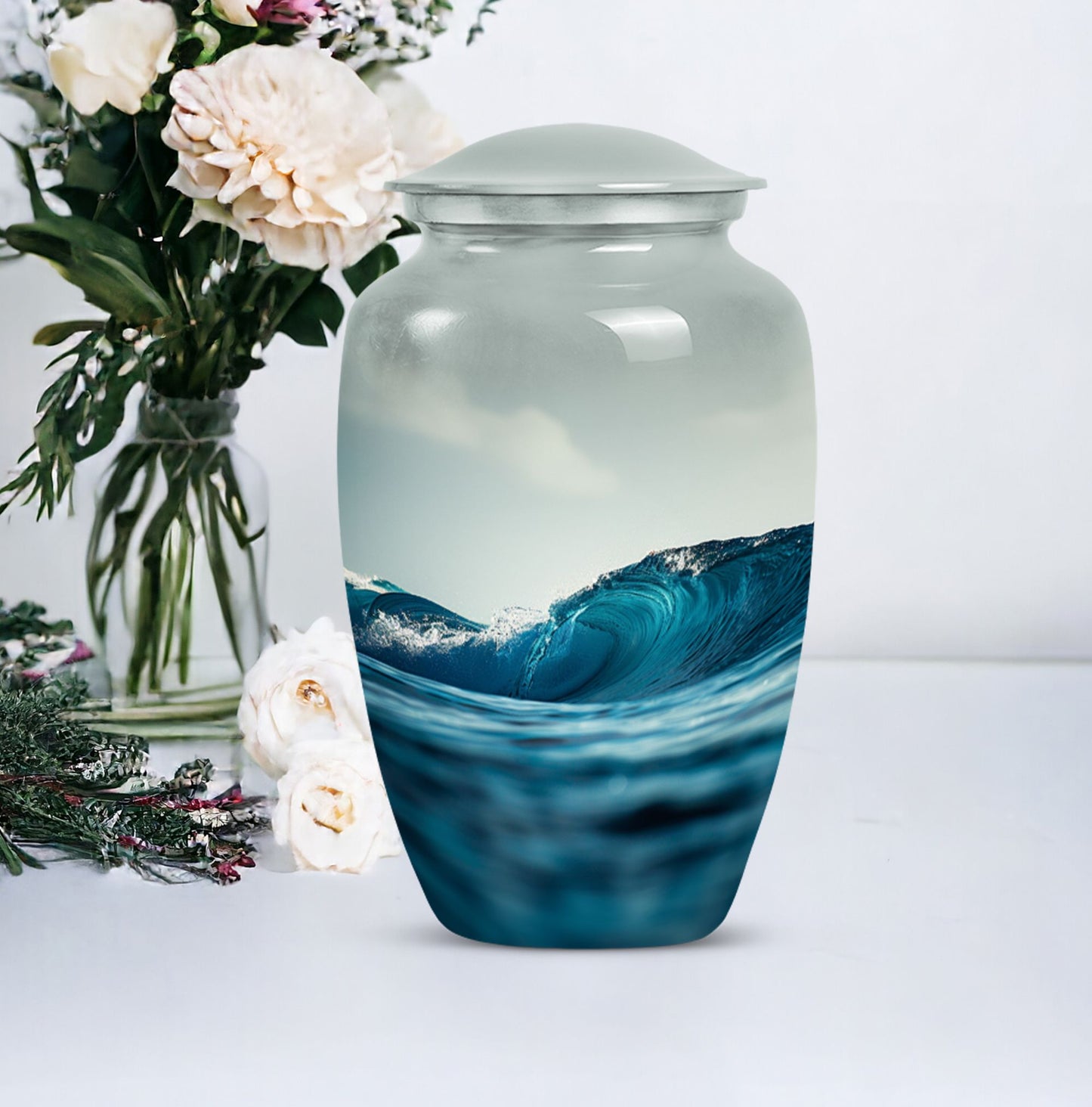 10-inch large ocean waves urn with butterfly theme.