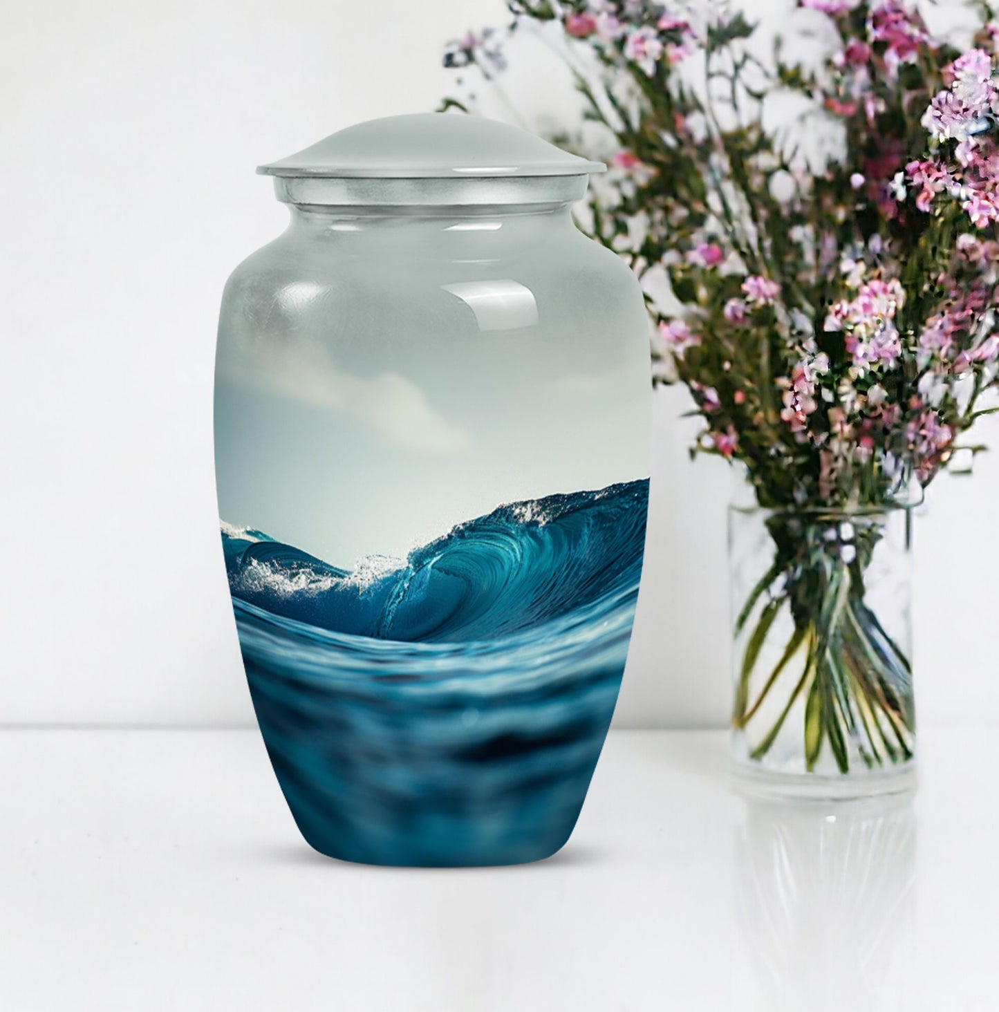 10-inch large ocean waves urn with butterfly theme.