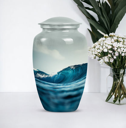 10-inch large ocean waves urn with butterfly theme.