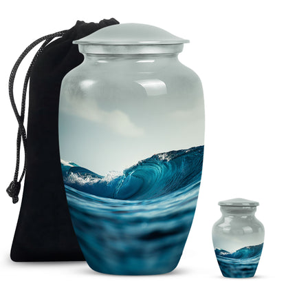 10-inch large ocean waves urn with butterfly theme.