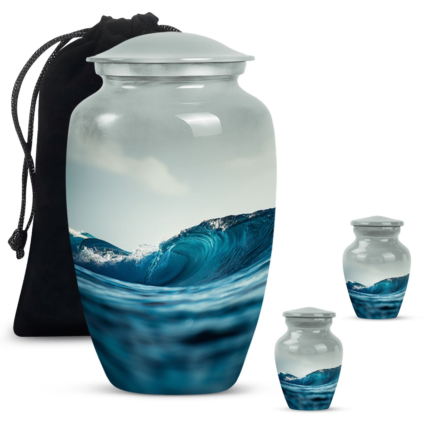 Ocean Waves Theme Large Urn With 2 Keepsake Urn