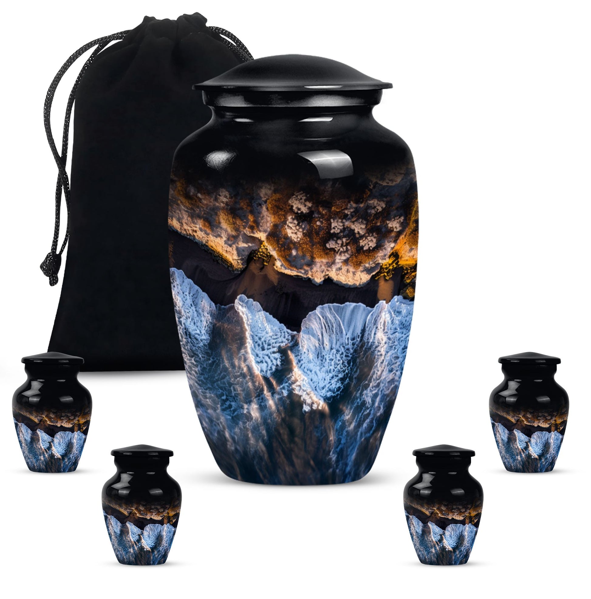 Ocean Waves Theme Large Urn With 4 Keepsake Urn