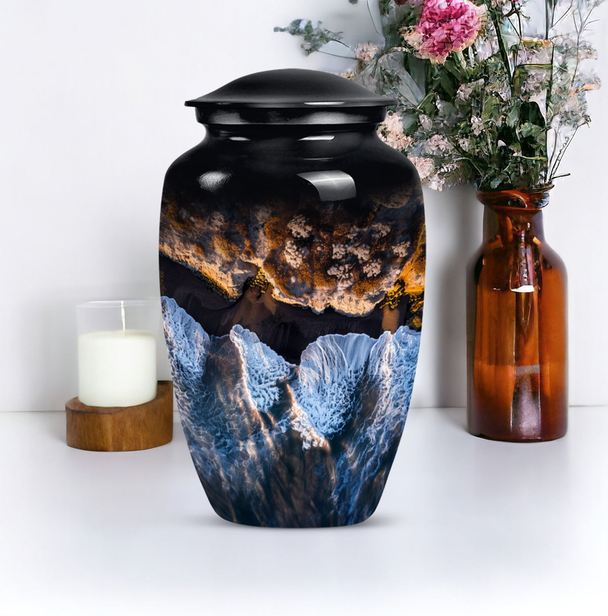 10-inch classic ocean waves urn with butterfly theme.
