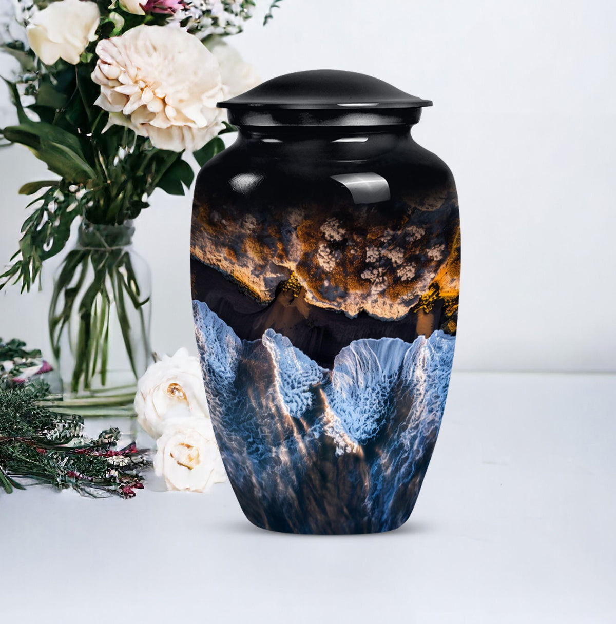 10-inch classic ocean waves urn with butterfly theme.