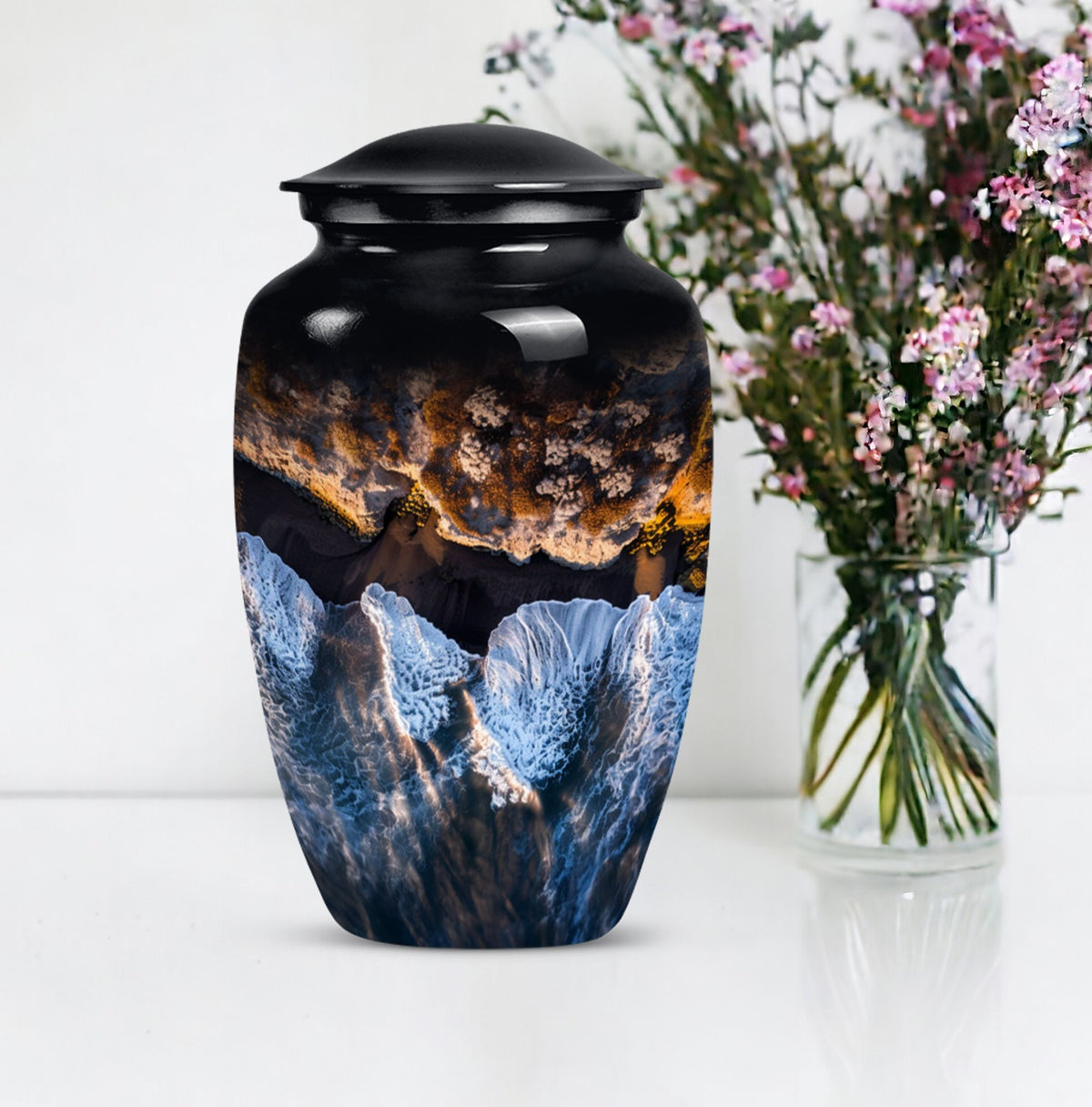 10-inch classic ocean waves urn with butterfly theme.
