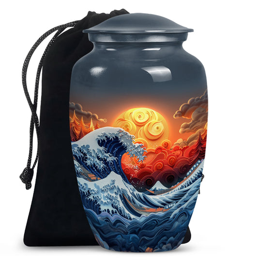 ocean waves urn with butterfly theme, designed for memorial.