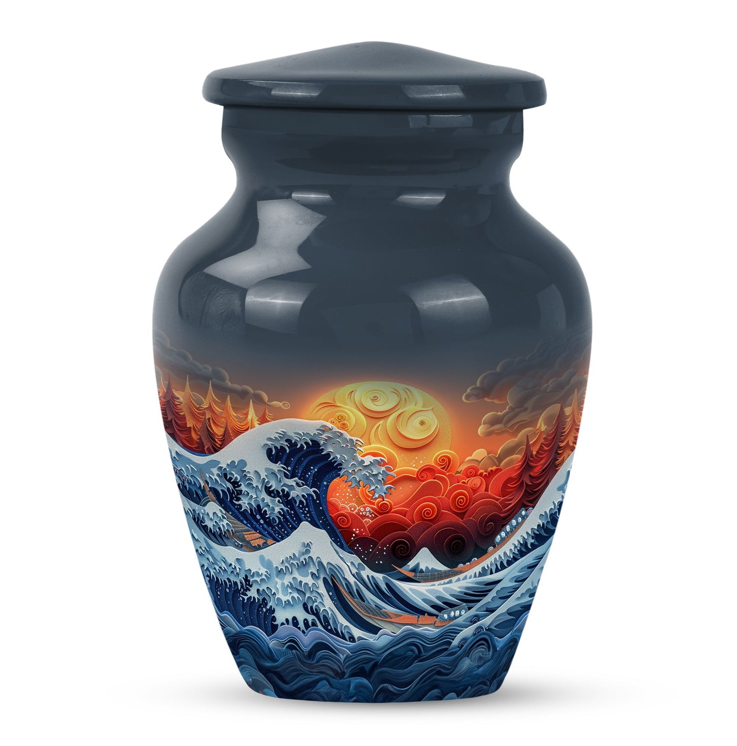 ocean waves urn with butterfly theme, designed for memorial.