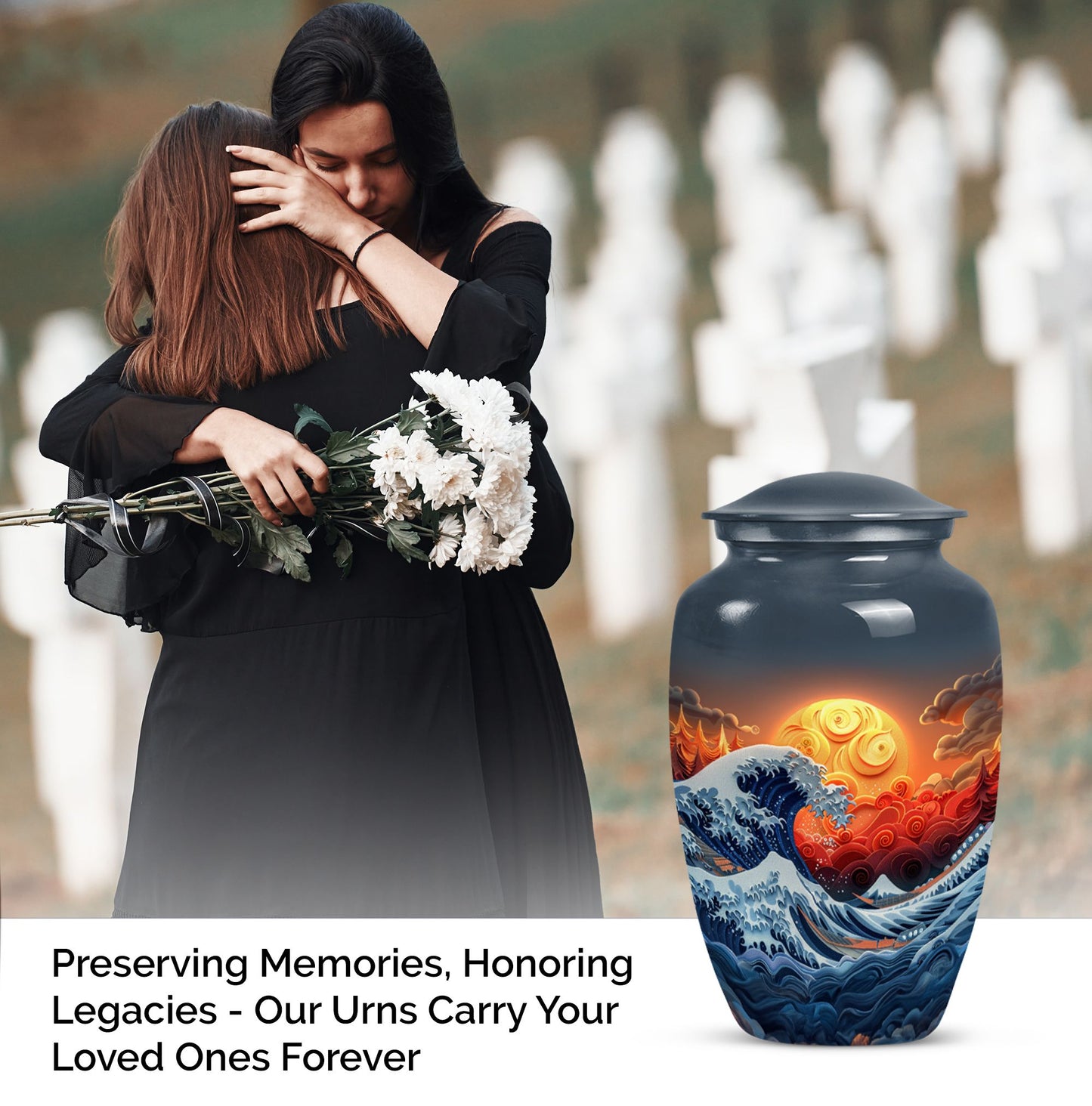 ocean waves urn with butterfly theme, designed for memorial.