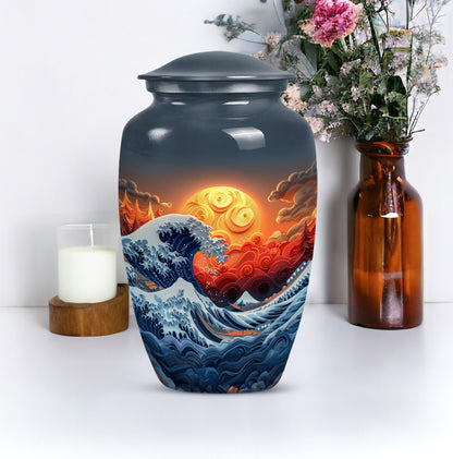 ocean waves urn with butterfly theme, designed for memorial.