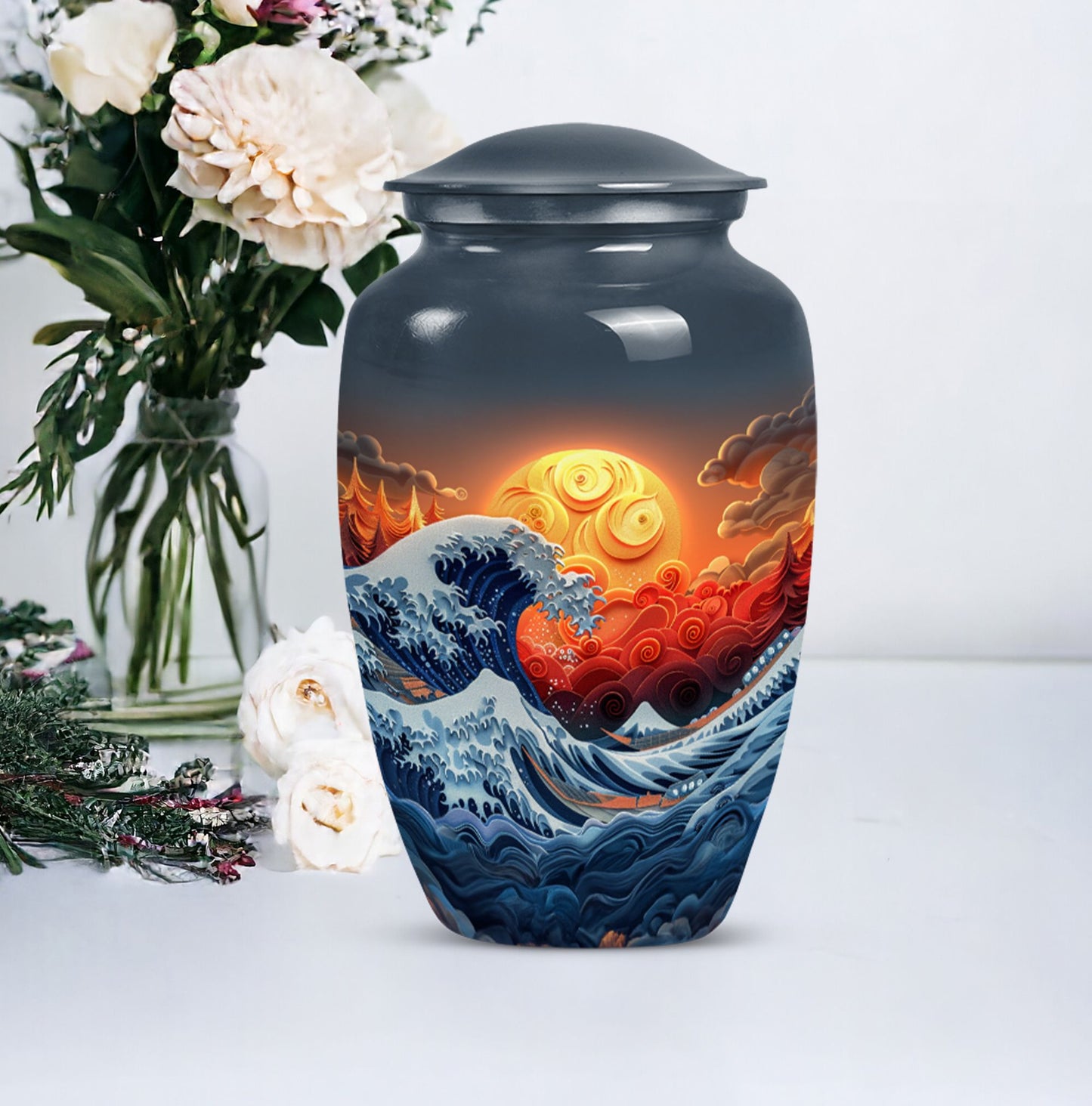 ocean waves urn with butterfly theme, designed for memorial.