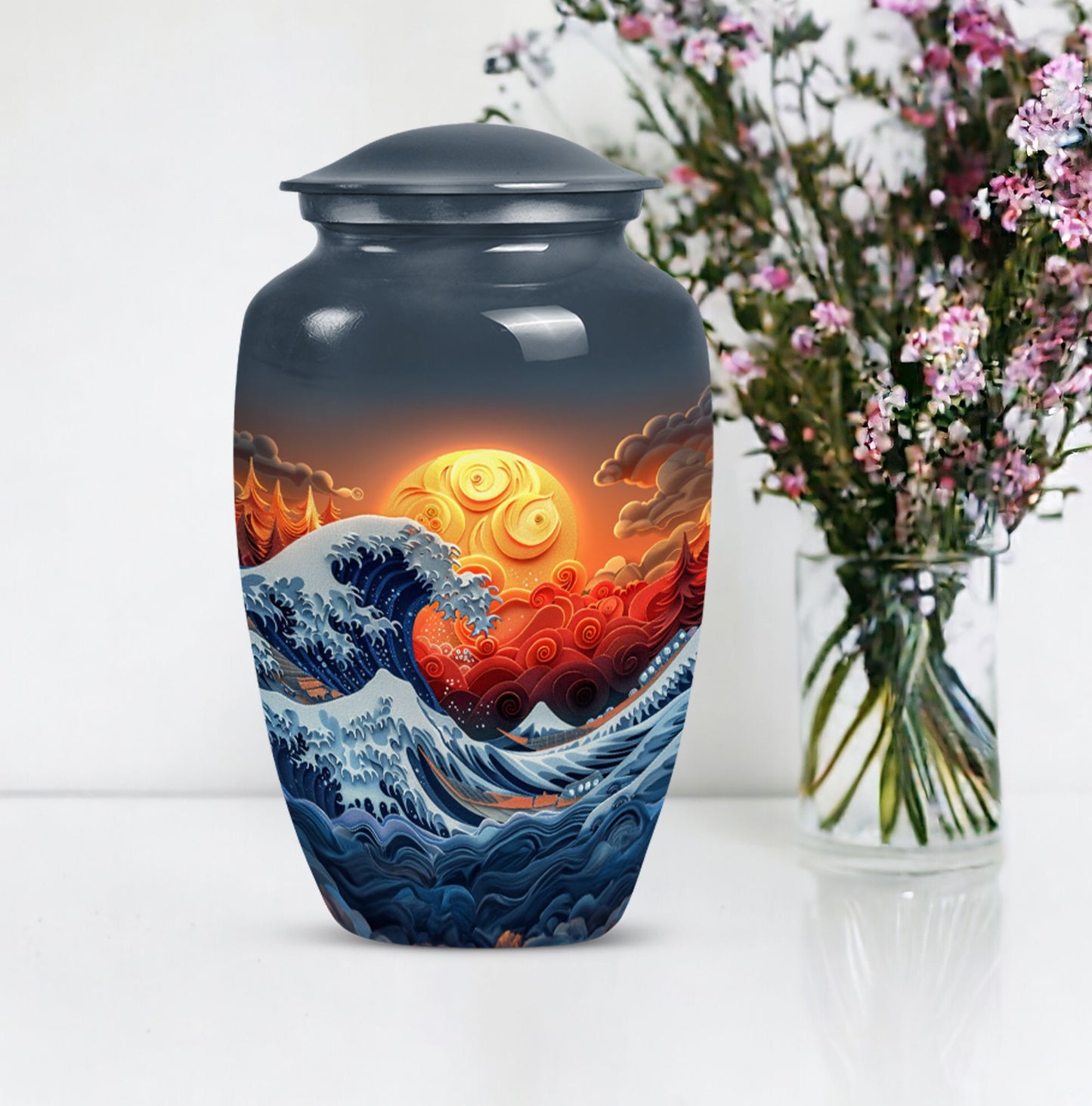ocean waves urn with butterfly theme, designed for memorial.