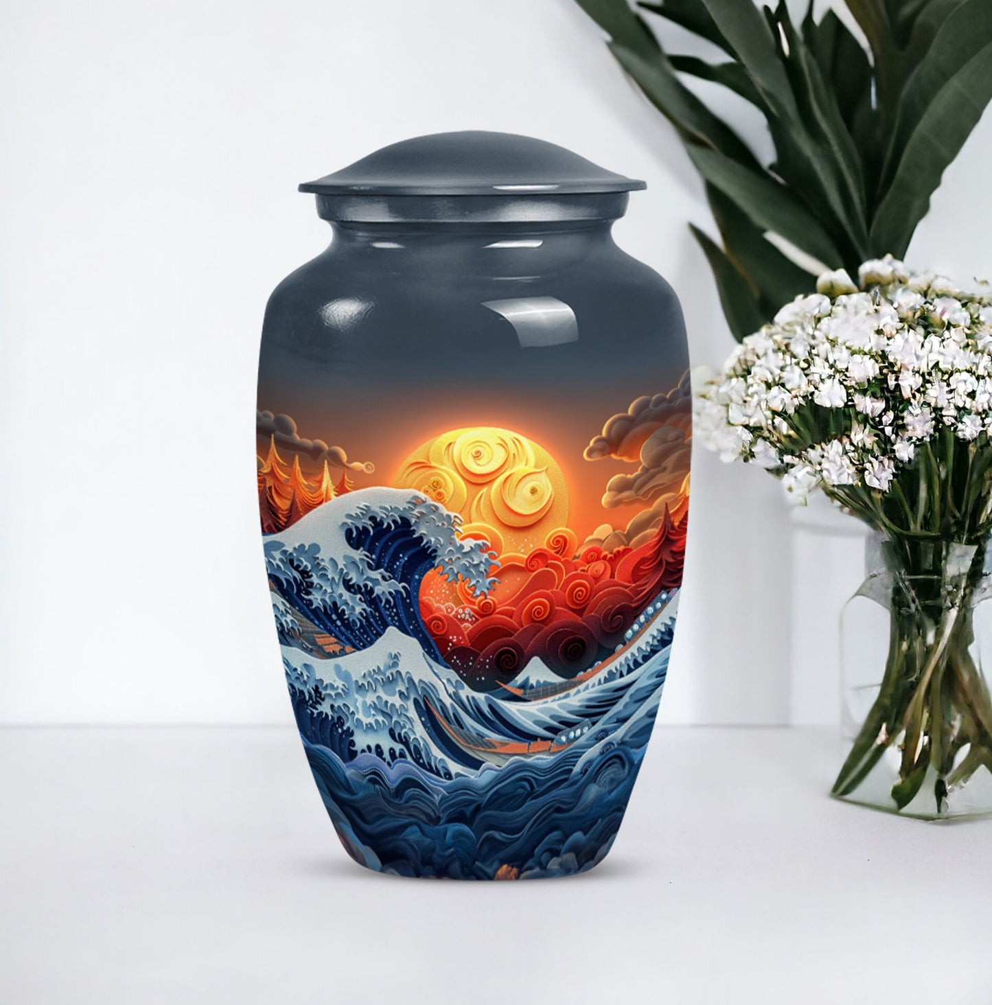 ocean waves urn with butterfly theme, designed for memorial.