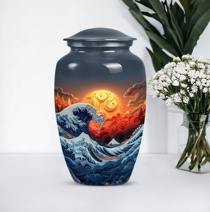 ocean waves urn with butterfly theme, designed for memorial.