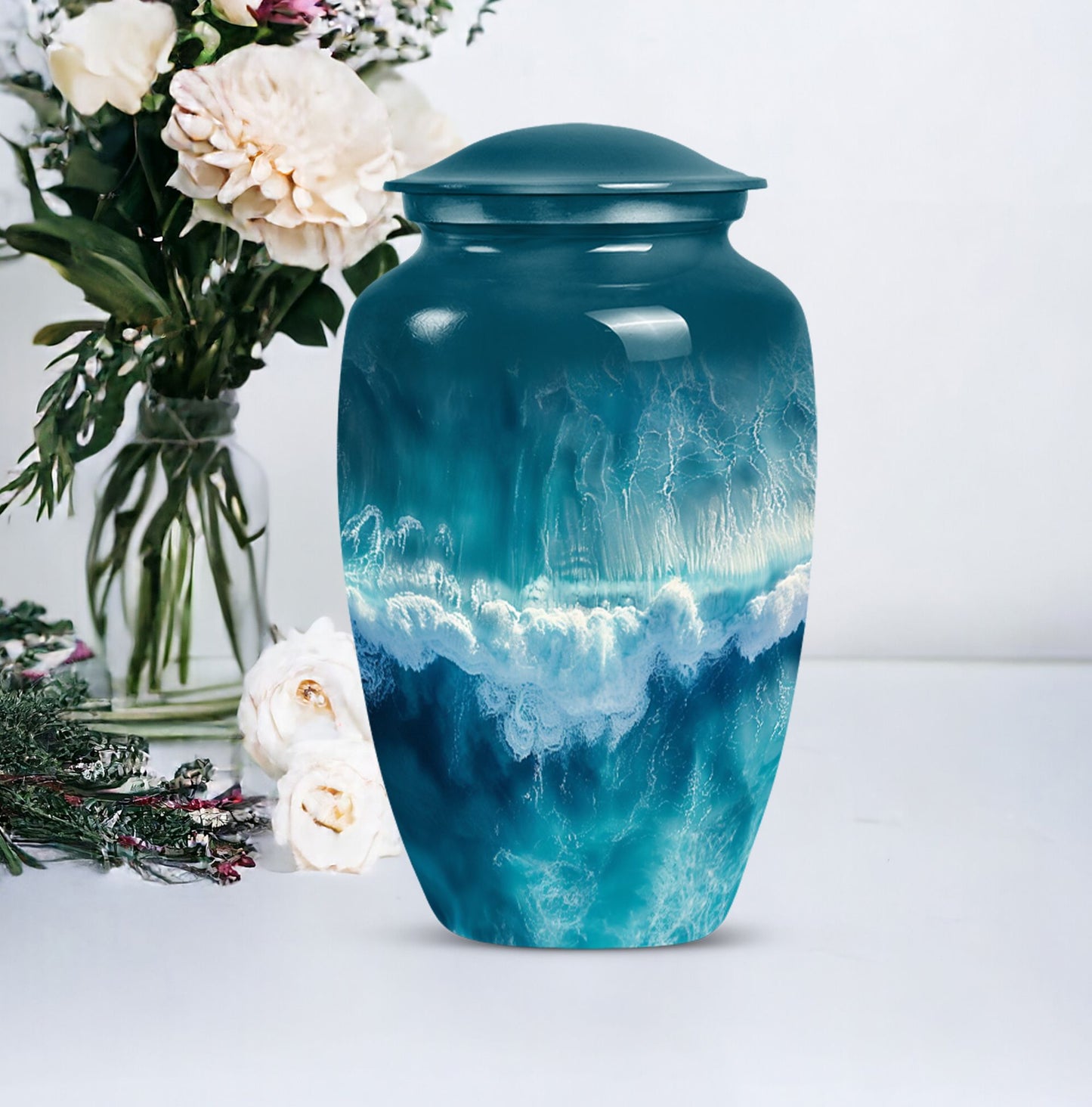 Classic ocean waves urn with butterfly theme for human ashes
