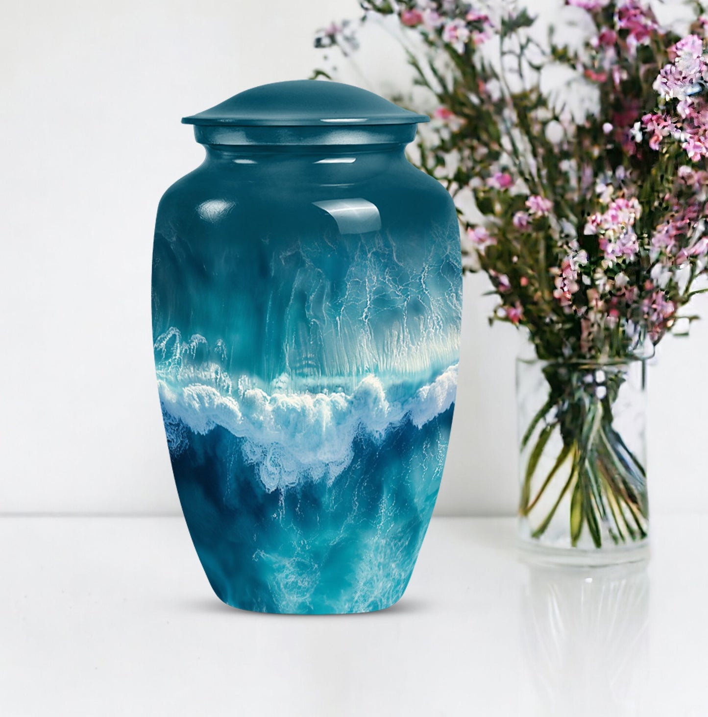 Classic ocean waves urn with butterfly theme for human ashes
