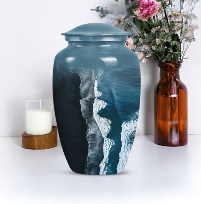 Classic ocean waves urn designed with butterfly theme.