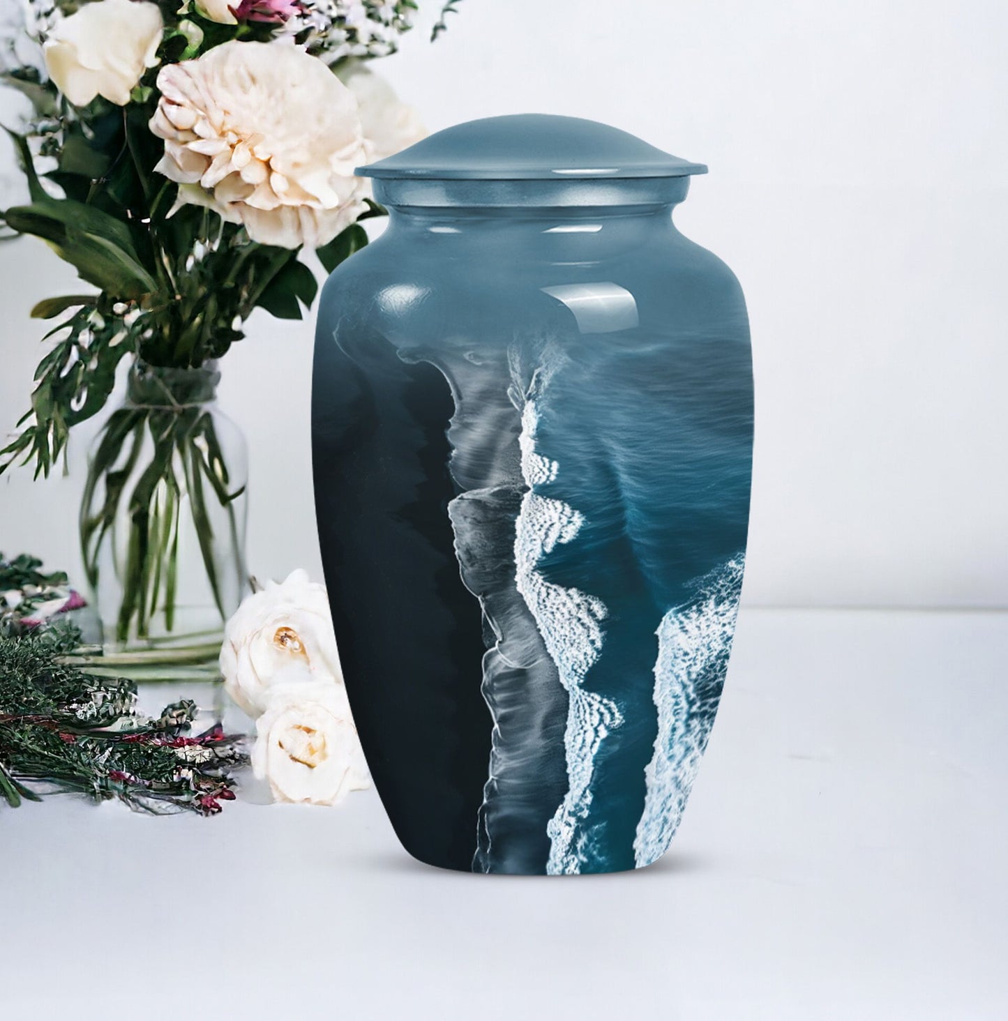 Classic ocean waves urn designed with butterfly theme.