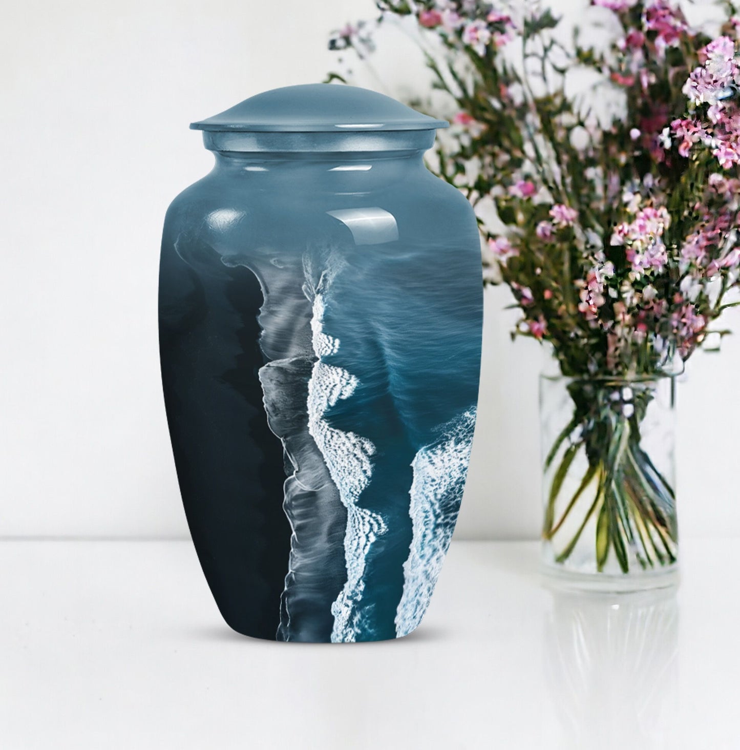 Classic ocean waves urn designed with butterfly theme.