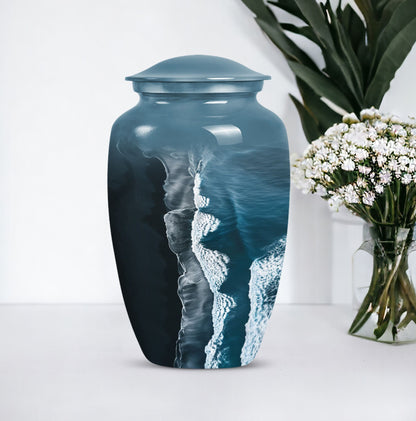 Classic ocean waves urn designed with butterfly theme.