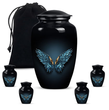 wings blue urn with butterfly theme for human ashes,