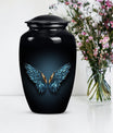 wings blue urn with butterfly theme for human ashes,