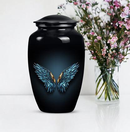 wings blue urn with butterfly theme for human ashes,