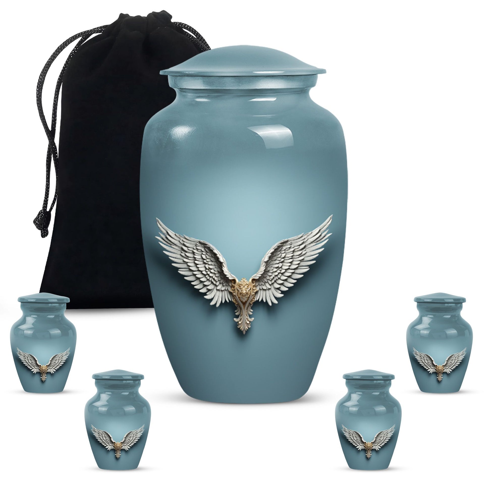 Wings Blue Theme Large Urn With 4 Keepsake Urn