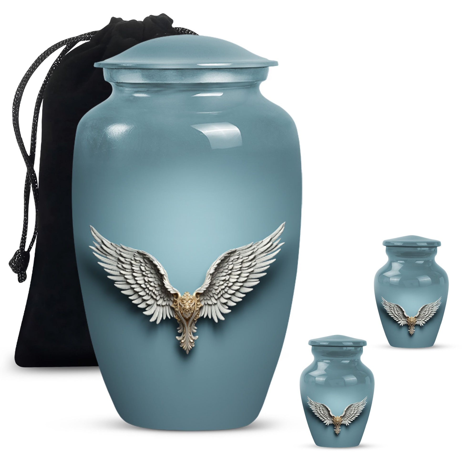 Wings Blue Theme Large Urn With 2 Keepsake Urn