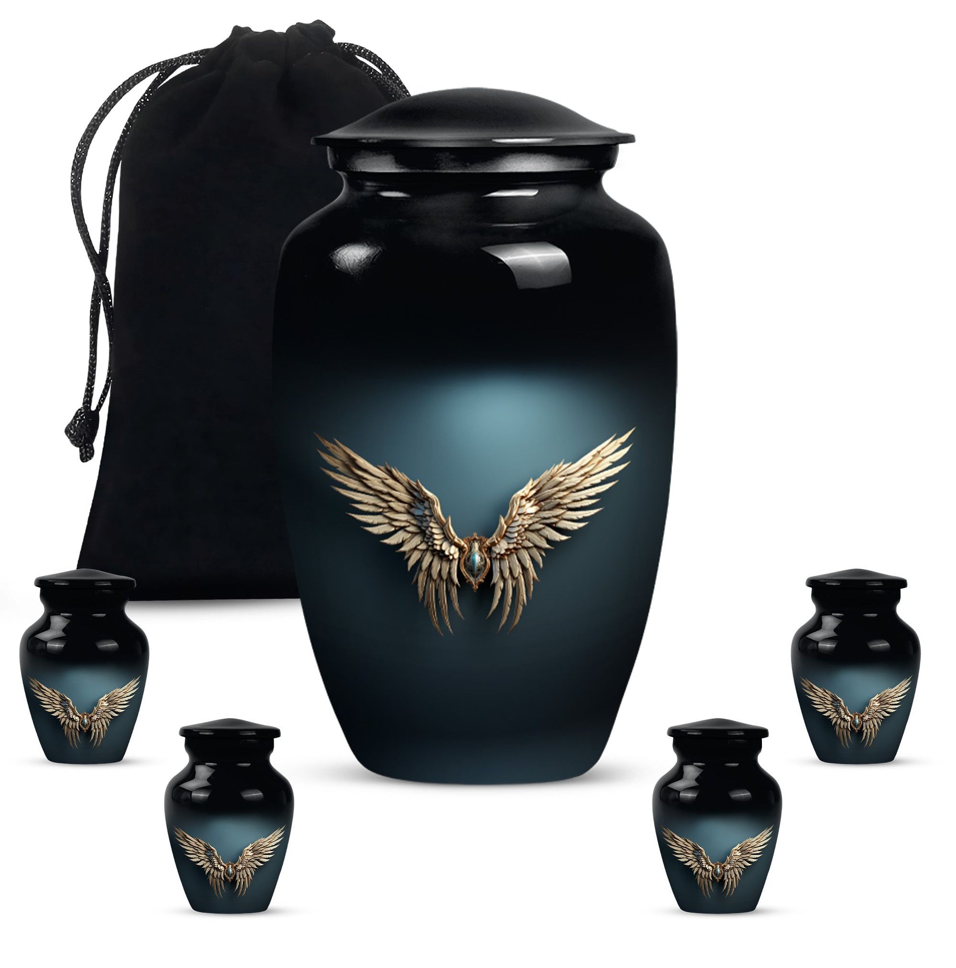 Wings Blue Theme Large Urn With 4 Keepsake Urn