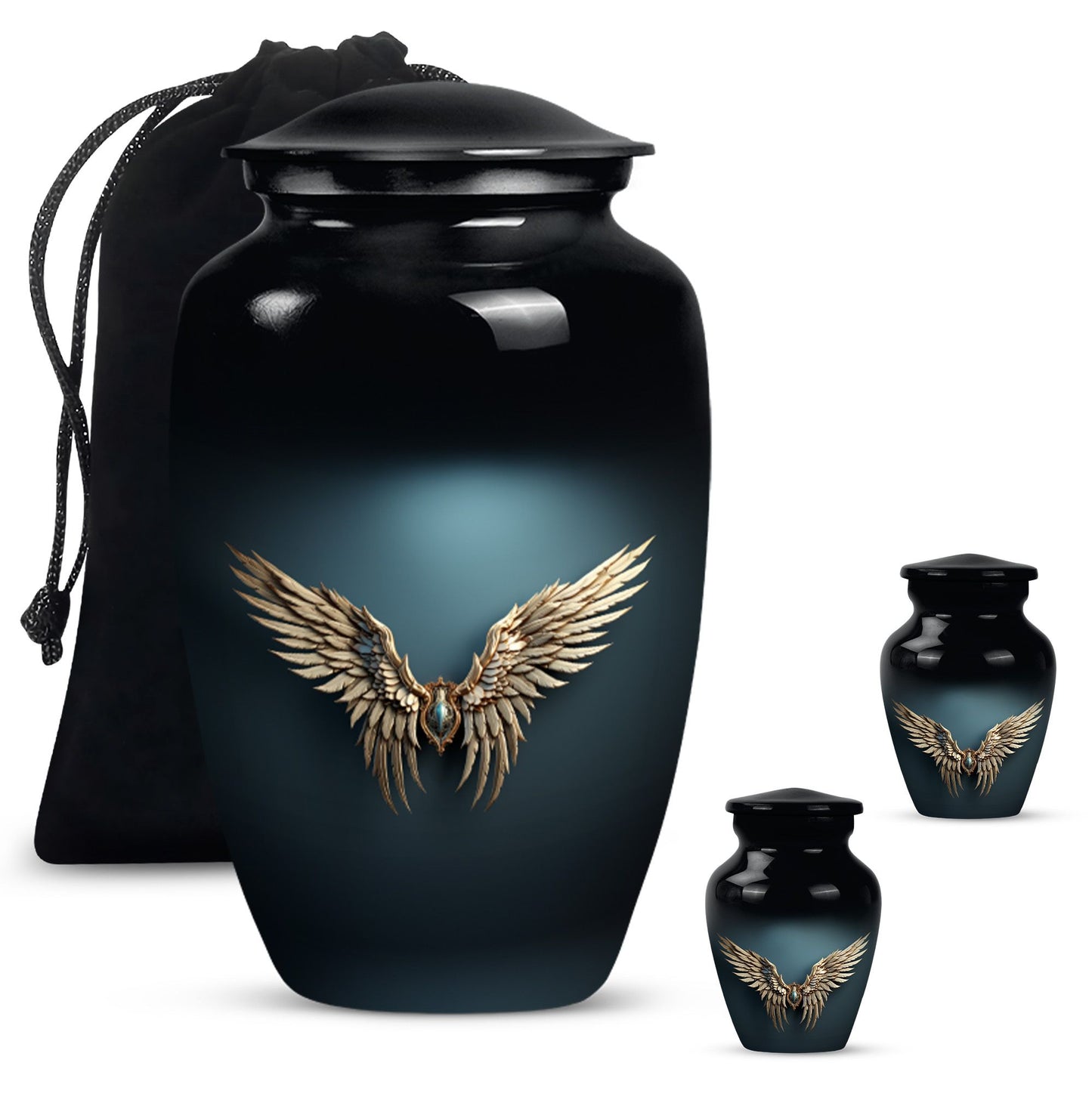 Wings Blue Theme Large Urn With 2 Keepsake Urn