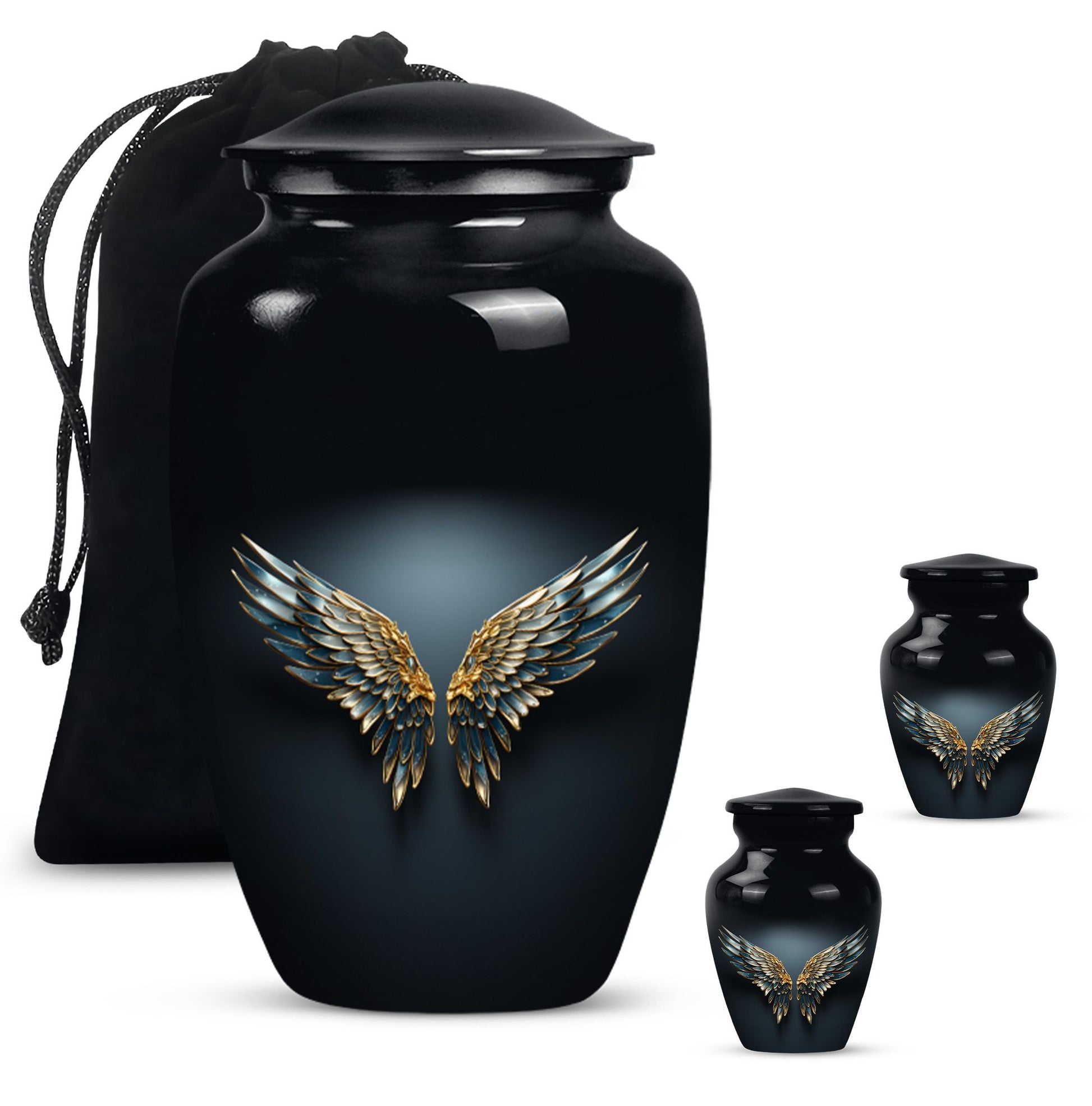 Wings Blue Theme Large Urn With 2 Keepsake Urn