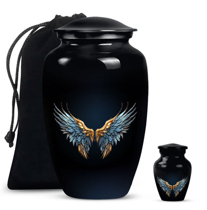 Wings Blue Theme Large Urn With 1 Keepsake Urn