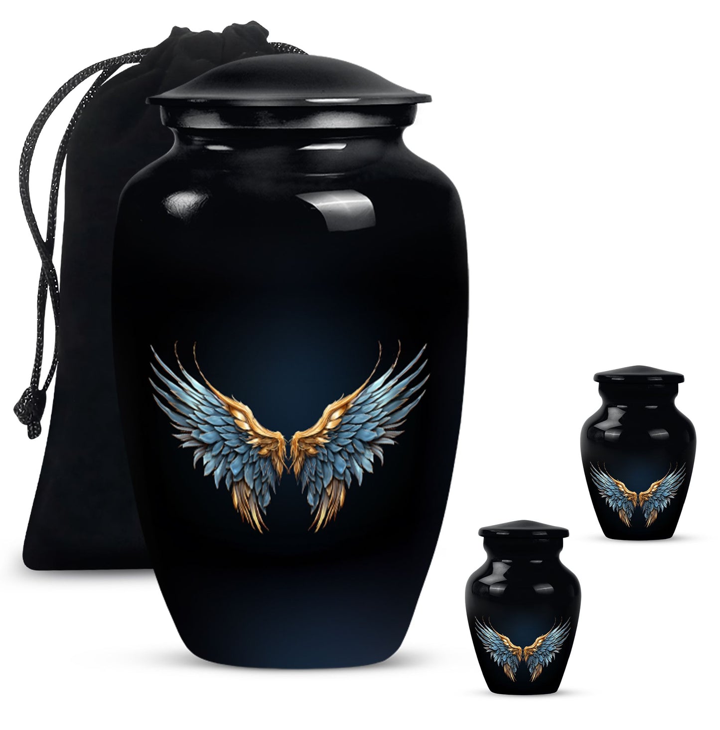 Wings Blue Theme Large Urn With 2 Keepsake Urn