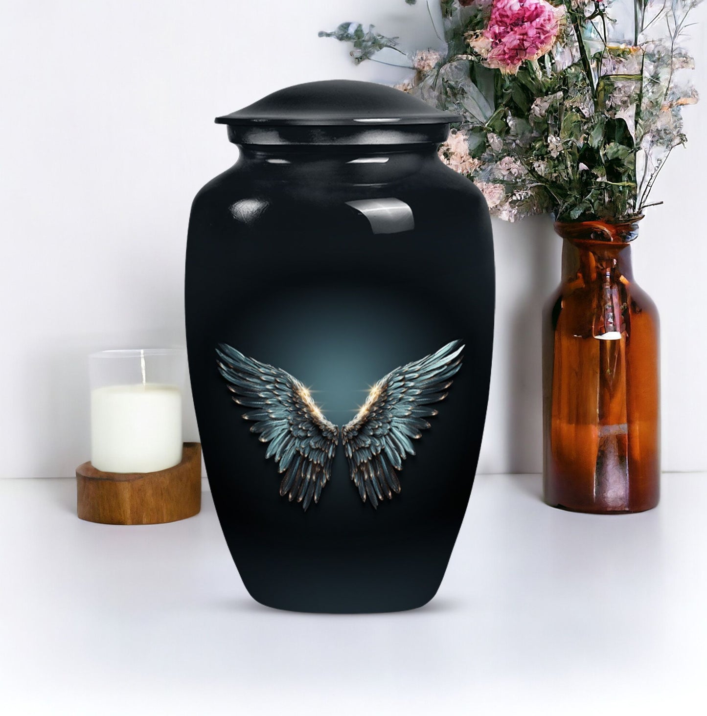 wings blue urn for adult ashes with butterfly theme