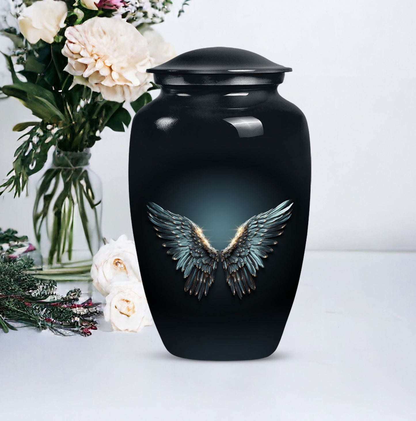 wings blue urn for adult ashes with butterfly theme