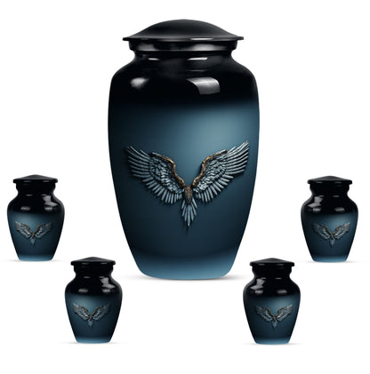 Wings Blue Theme Large Urn With 4 Keepsake Urn