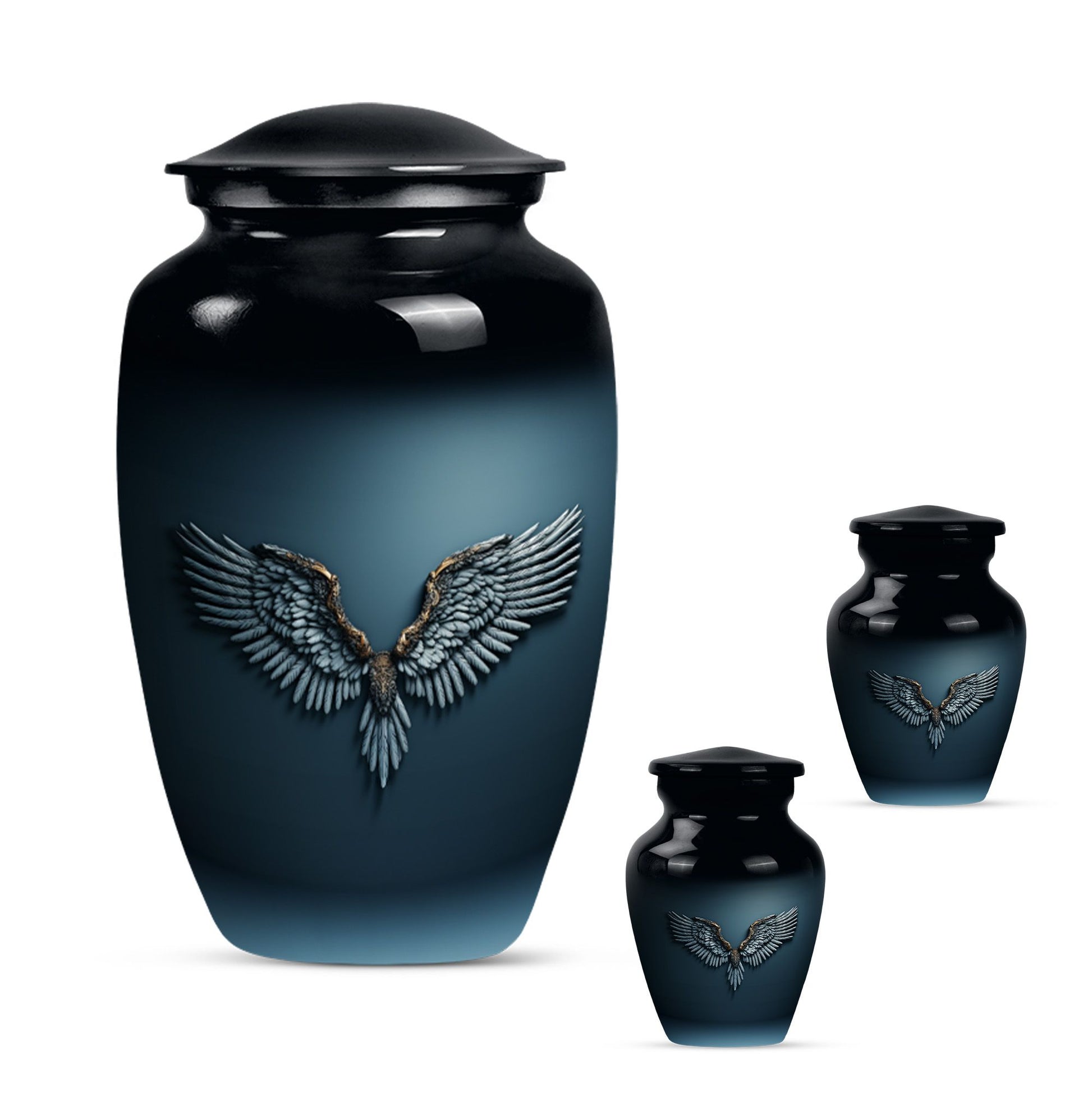 Wings Blue Theme Large Urn With 2 Keepsake Urn