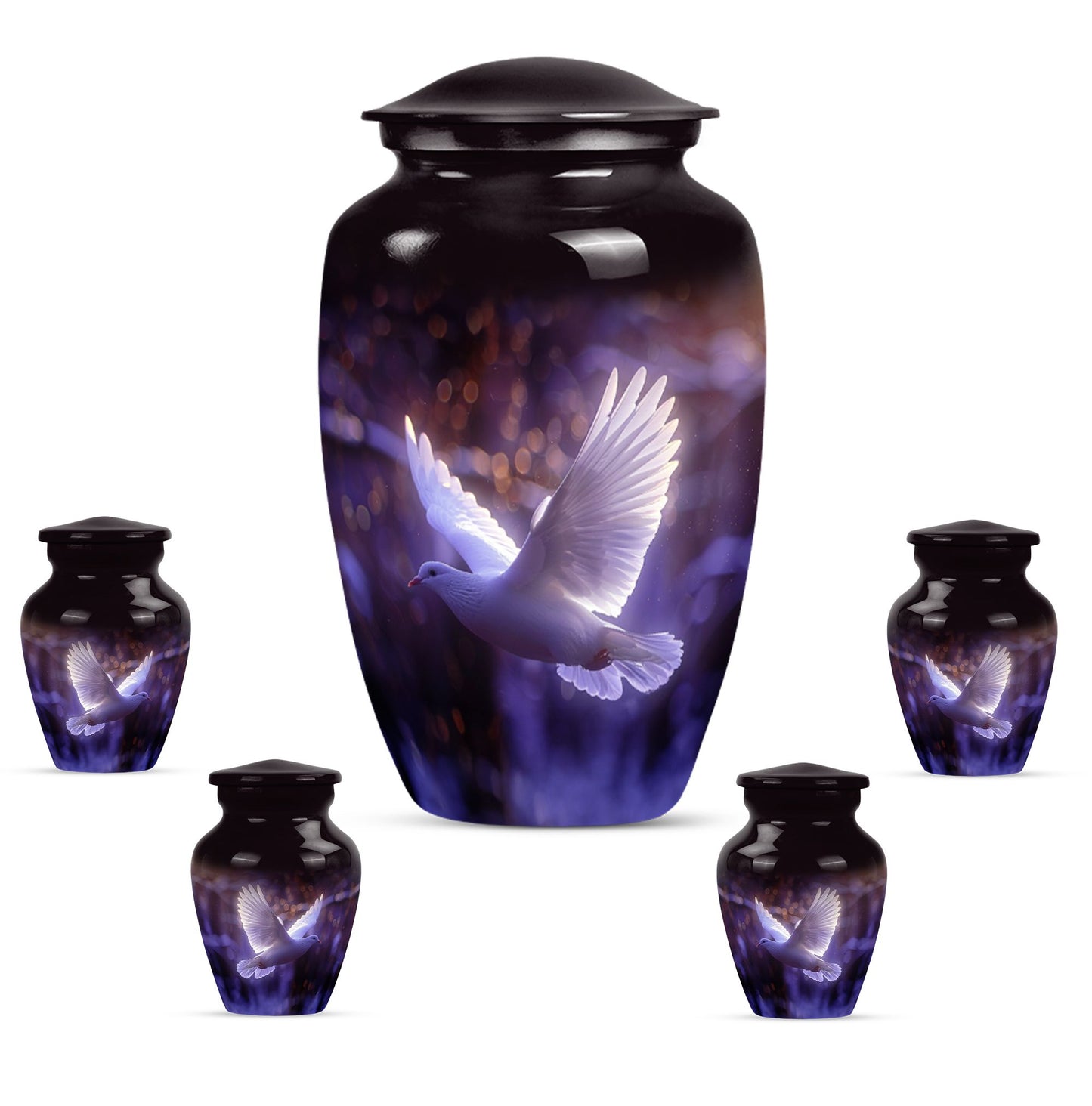 White Dove On Purple Theme Large Urn With 4 Keepsake Urn