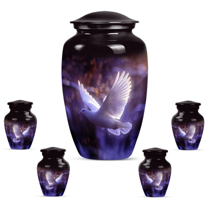White Dove On Purple Theme Large Urn With 4 Keepsake Urn