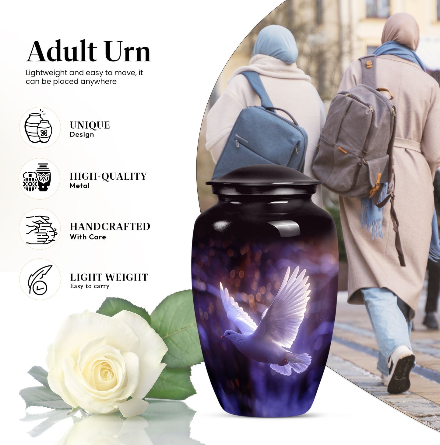 Classic 10 Inch white dove on purple Urn for adult ashes