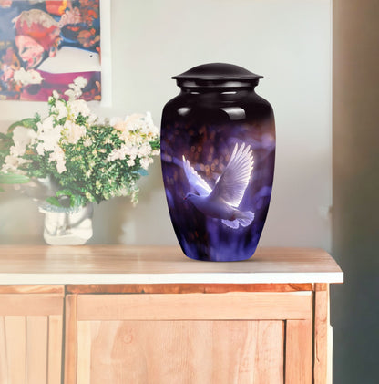 Classic 10 Inch white dove on purple Urn for adult ashes