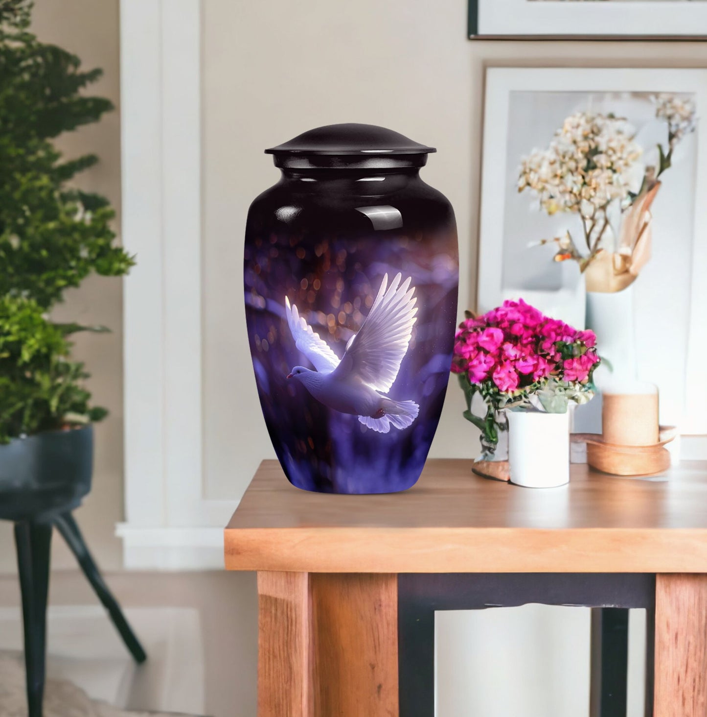 Classic 10 Inch white dove on purple Urn for adult ashes