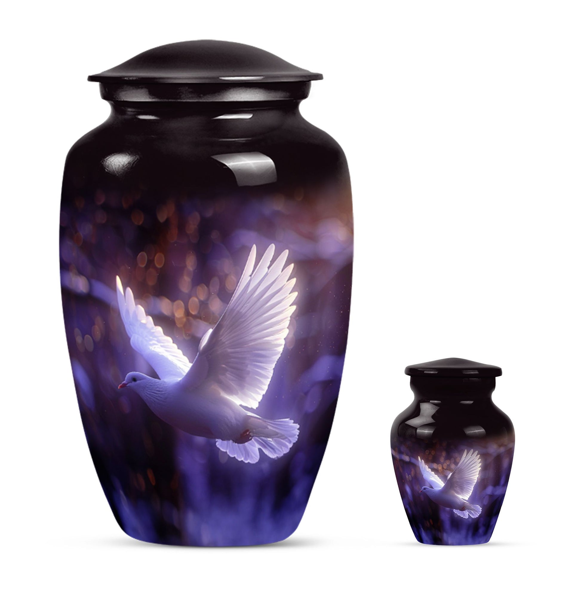 White Dove On Purple Theme Large Urn With 1 Keepsake Urn