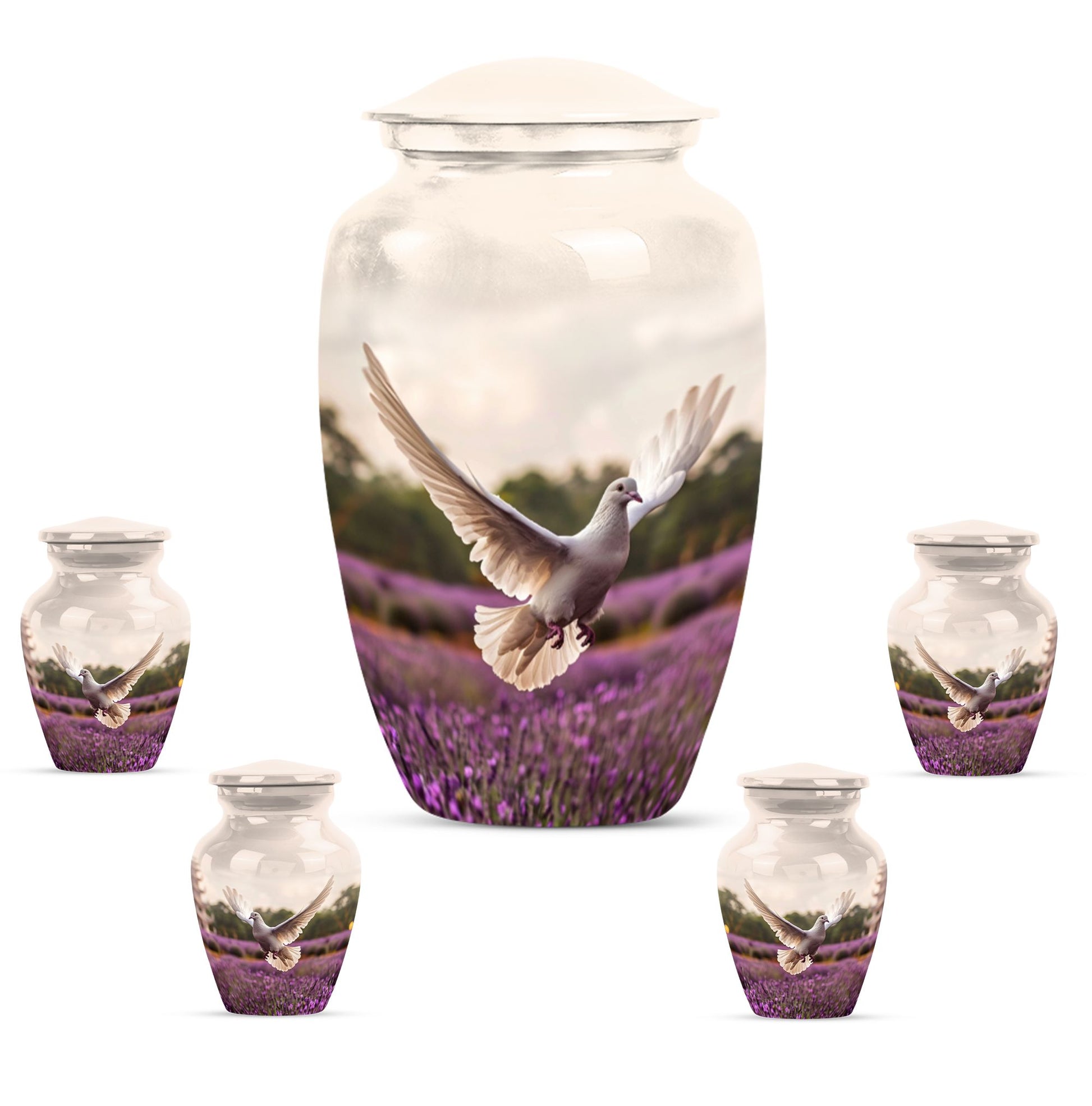 White Dove On Purple Theme Large Urn With 4 Keepsake Urn