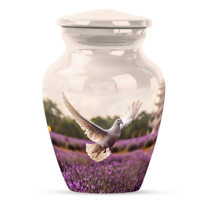 10 Inch white dove on purple classic urn.